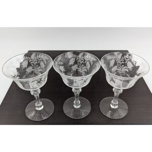 3 Vintage Champagne Coupe Etched Sherbet Glass Set - Tiffin-Franciscan Fuchsia